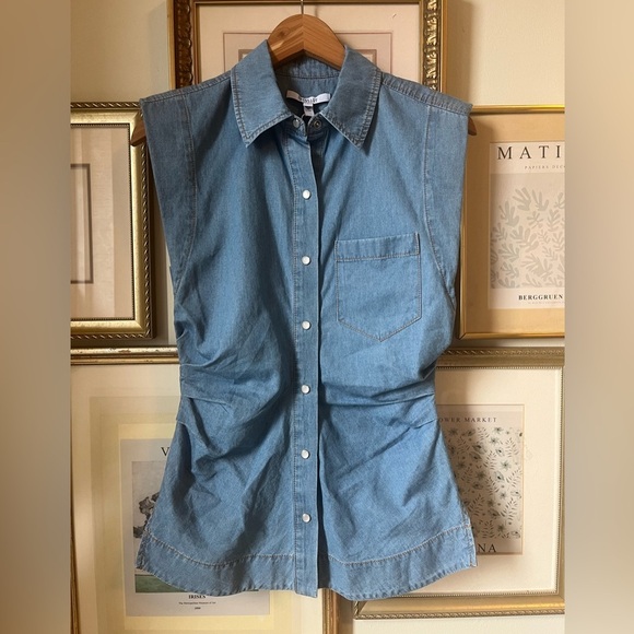 Derek Lam 10 Crosby Ivy Sleeveless Ruched Button Down Shirt Light Wash Denim 0 - Picture 7 of 10